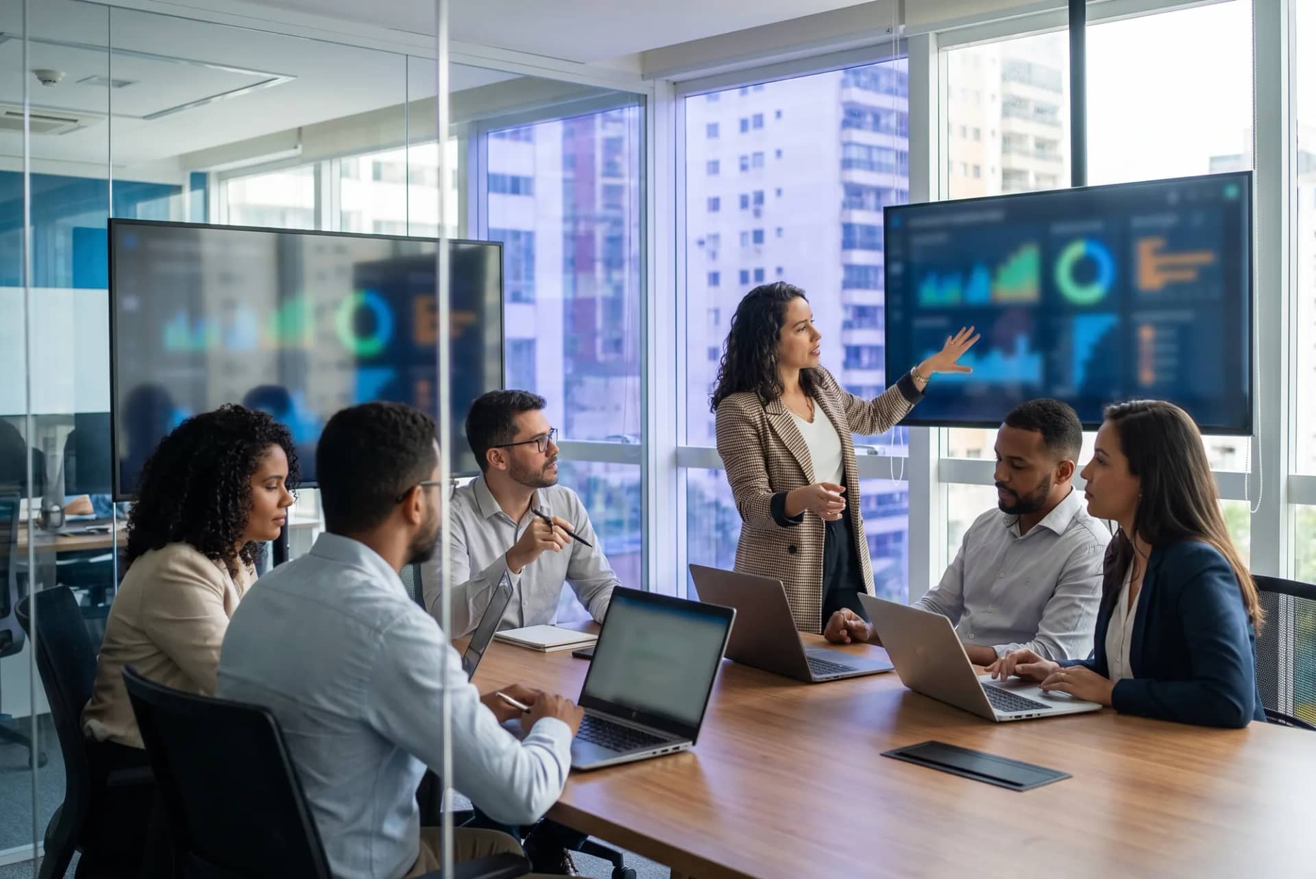 Equipe analisando um relatório com gráficos em uma sala de reunião