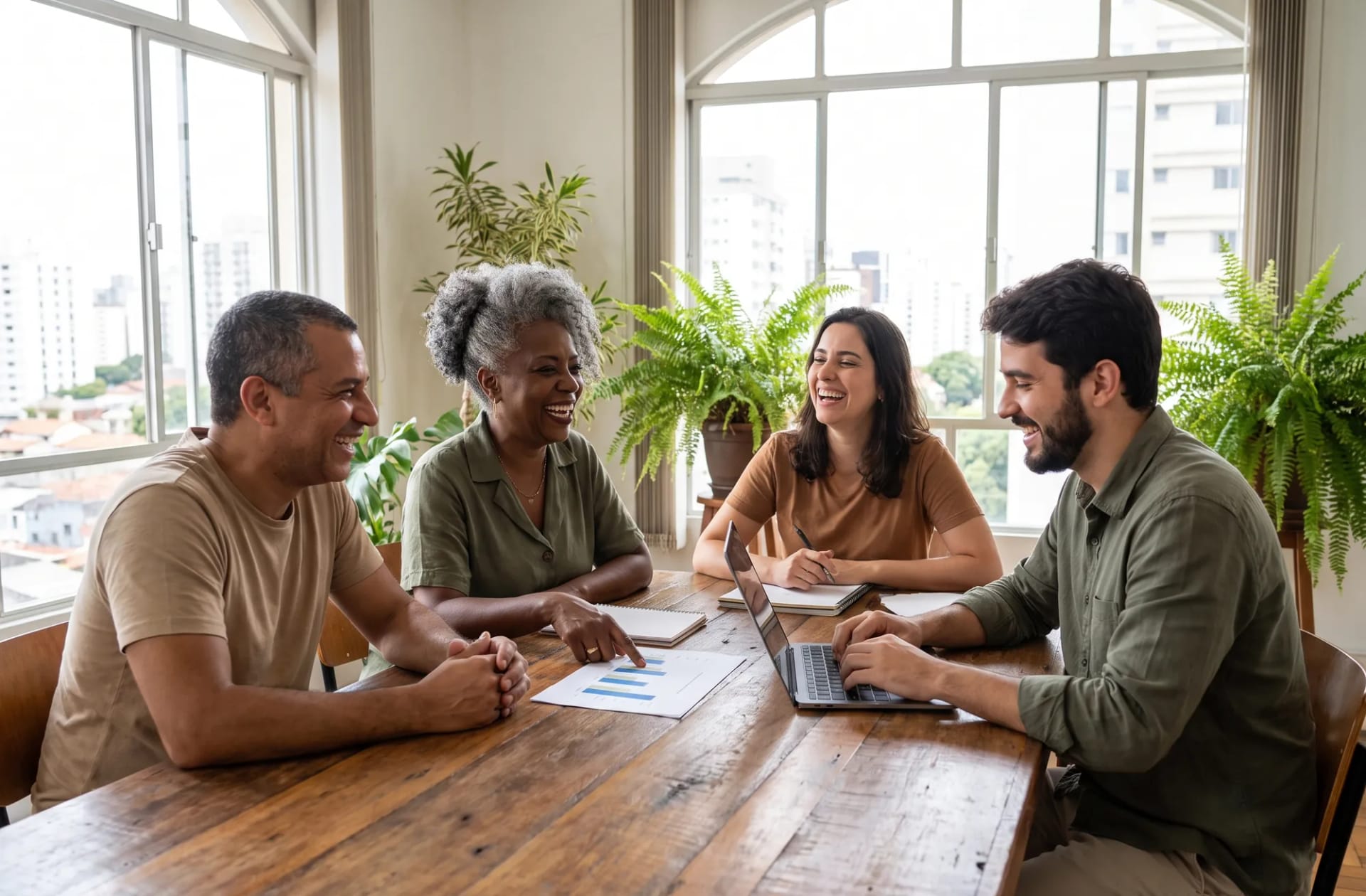 Equipe de consultoria reunida em volta de uma mesa de trabalho