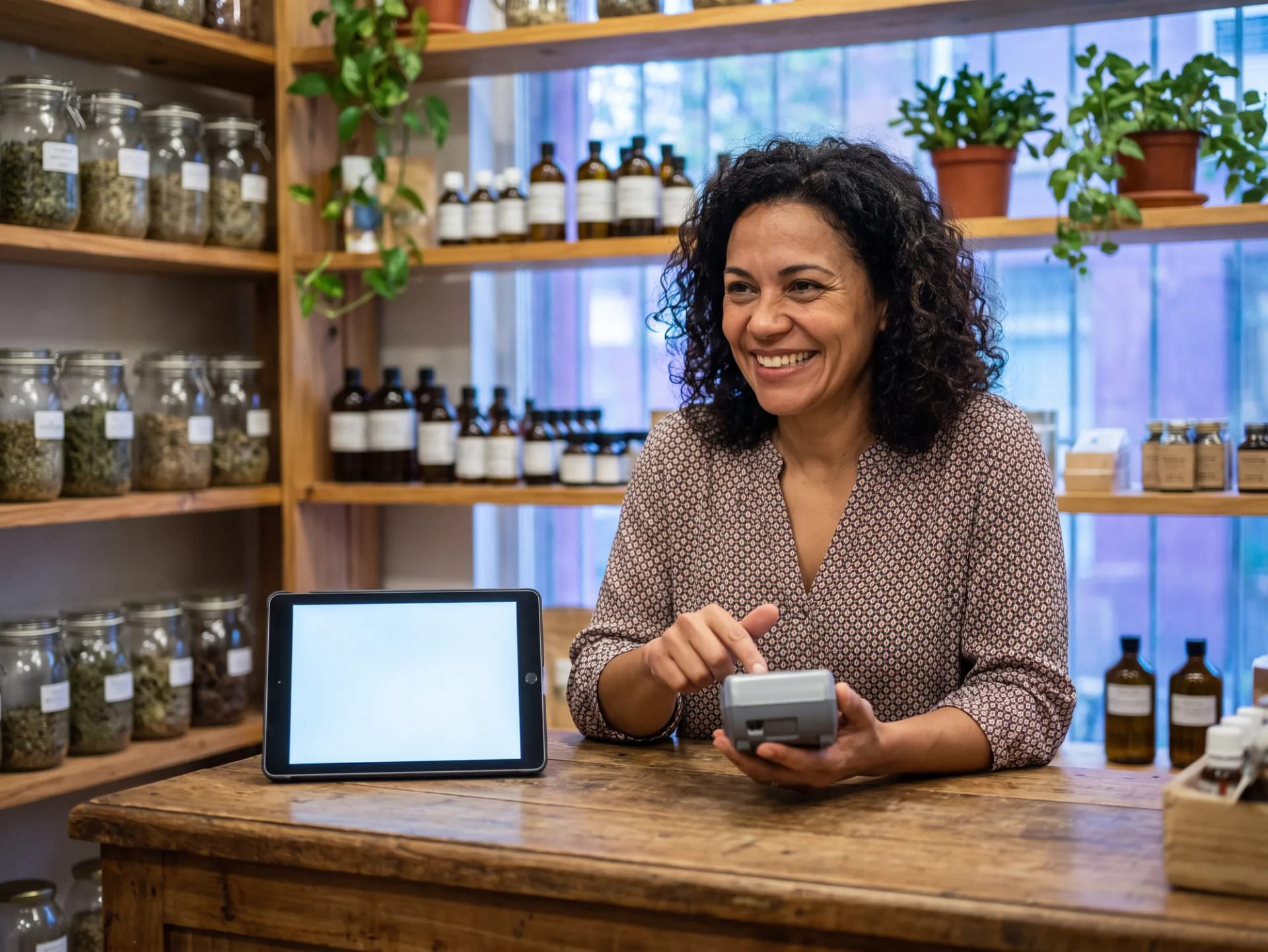Empreendedora sorrindo no balcão do seu comércio