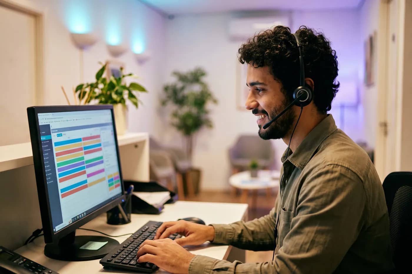 Atendente registrando contatos recebidos pelo site em uma planilha