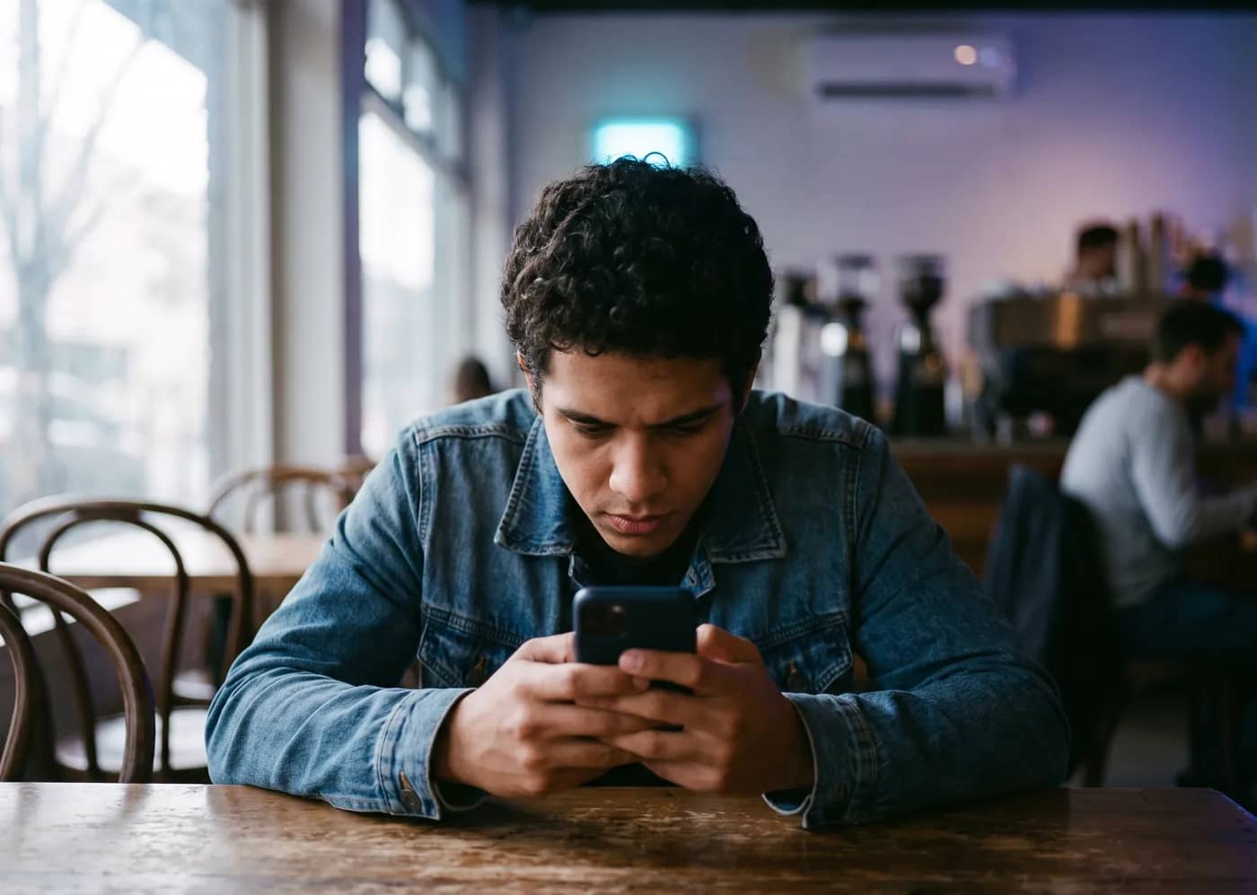Pessoa pesquisando no celular em uma cafeteria