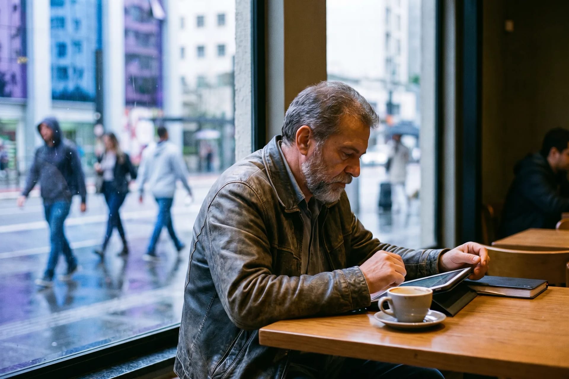 Empreendedor lendo conteúdo no tablet com uma xícara de café