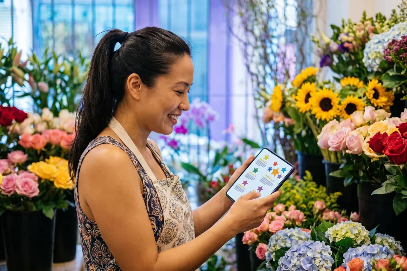 Dona de floricultura conferindo avaliações de clientes no celular