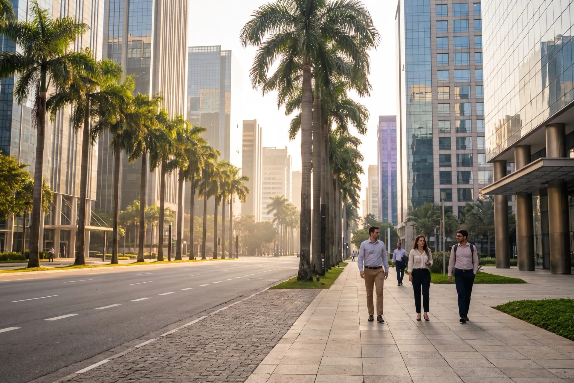 Avenida de um polo empresarial com prédios espelhados e palmeiras imperiais