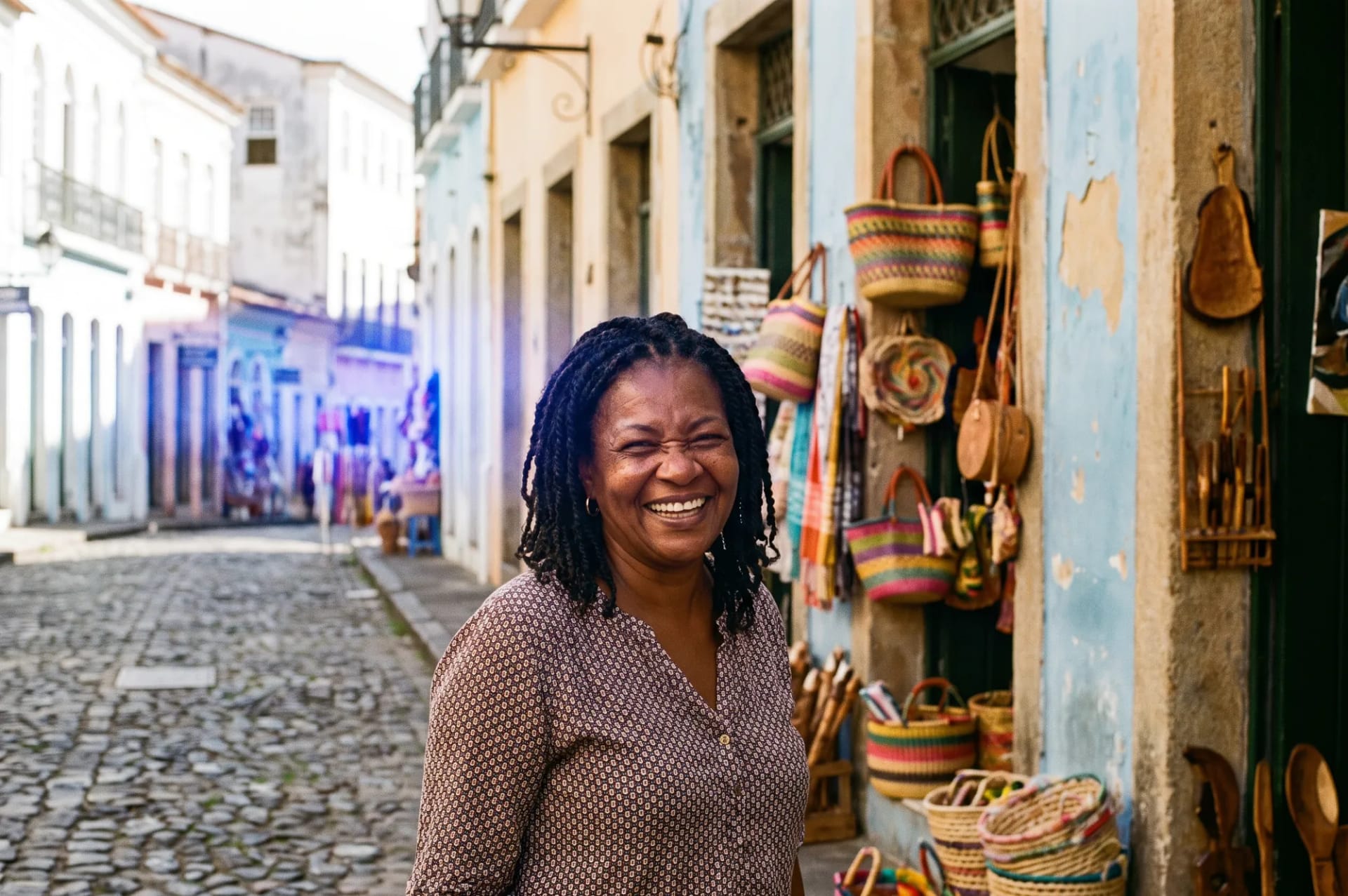 Empreendedora em frente à sua loja em uma rua colorida de Salvador