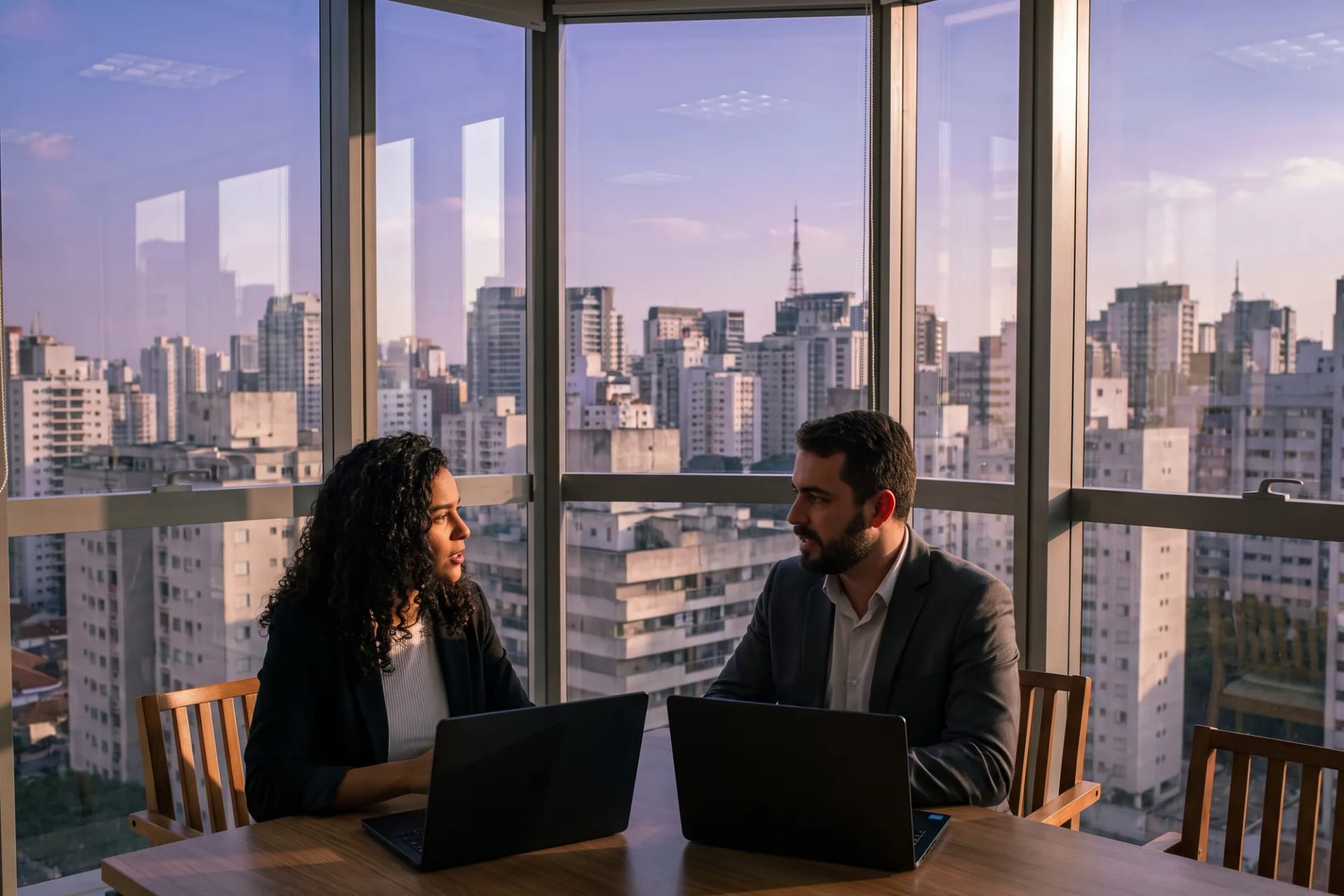 Empreendedores em um escritório com vista para os prédios de São Paulo