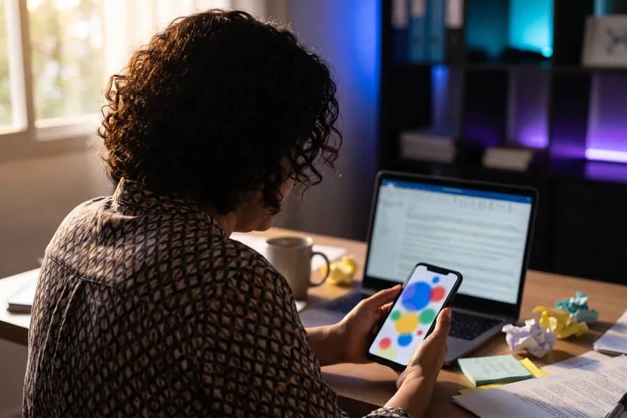 Profissional com várias mensagens não respondidas no celular ao lado do notebook