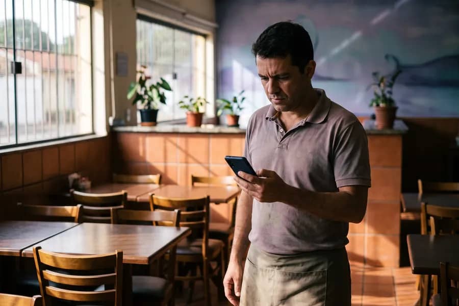 Dono de restaurante olhando o celular no salão vazio