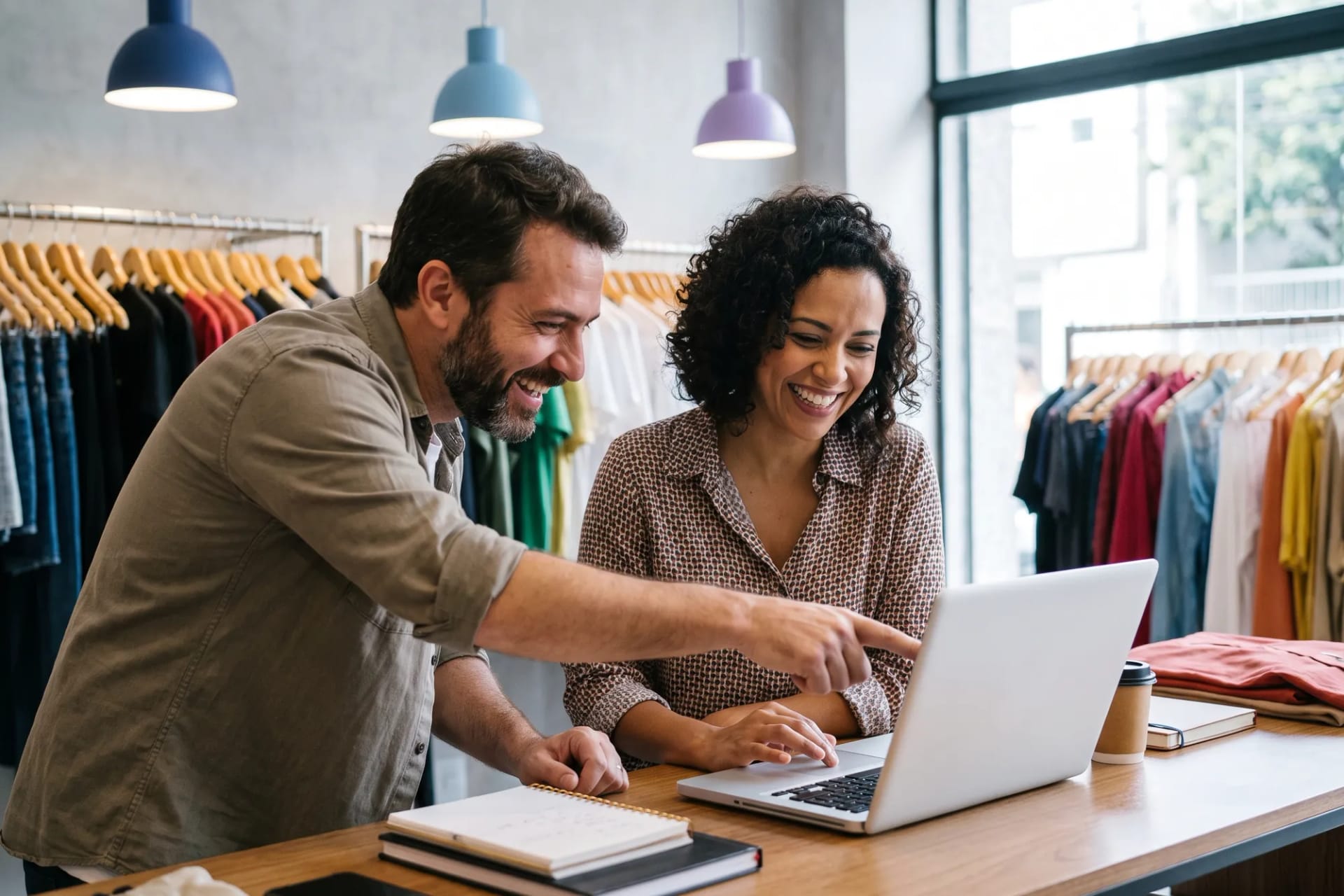 Casal de empreendedores comemorando os resultados da loja no notebook