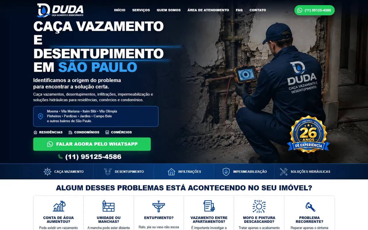 Página inicial do site DUDA Caça Vazamento