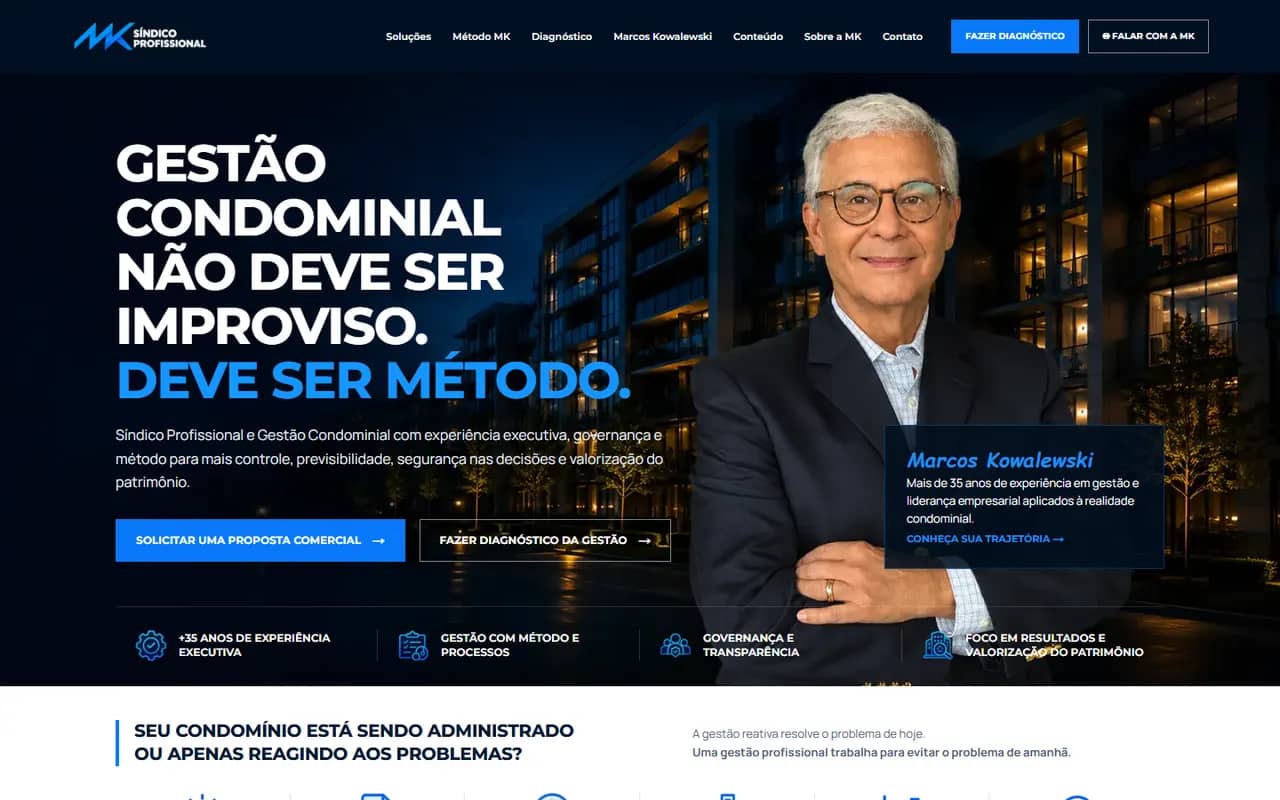 Página inicial do site MK Síndico Profissional