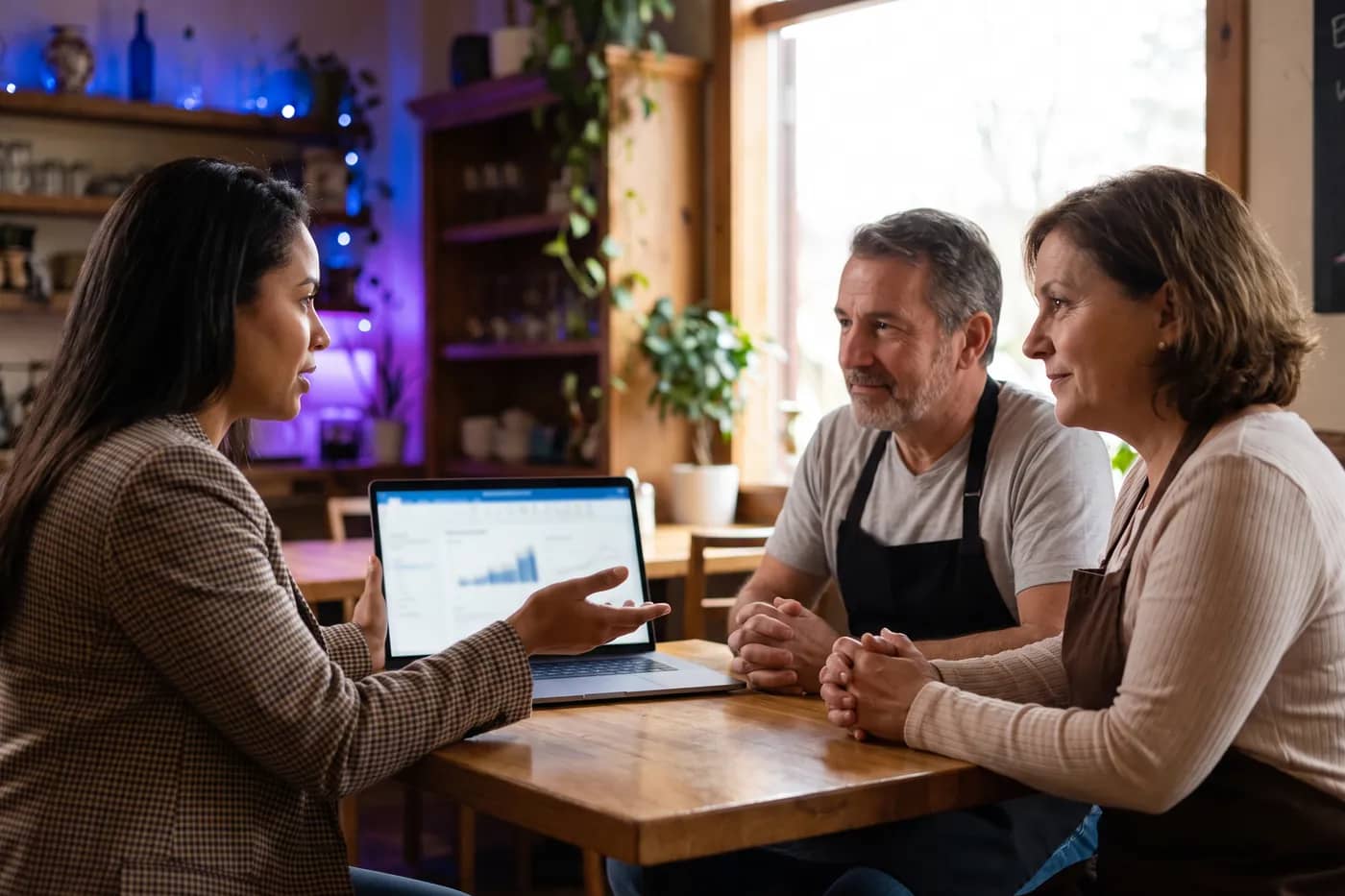 Consultora apresentando um plano de ação para um casal de empreendedores