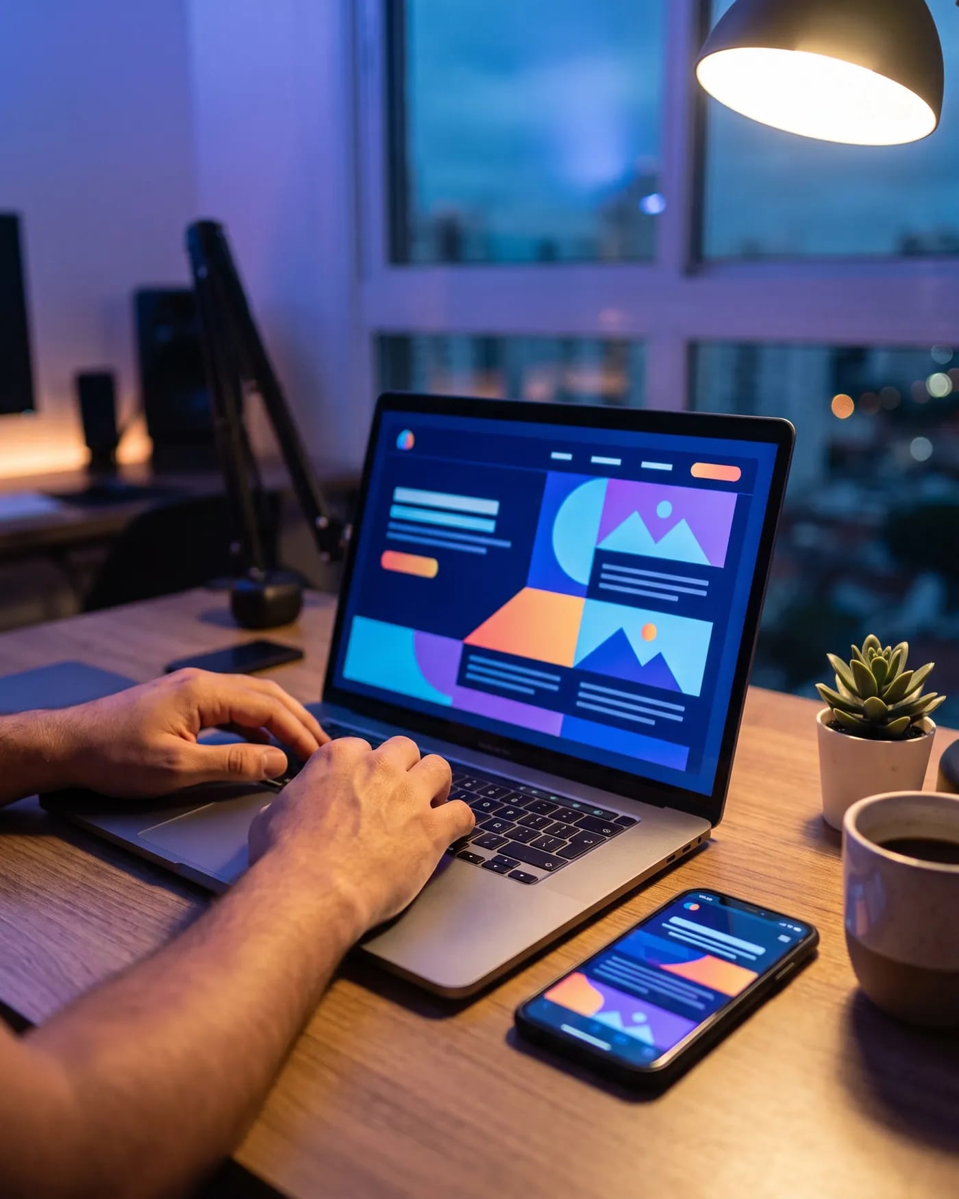 Notebook e celular exibindo o layout de um site em desenvolvimento