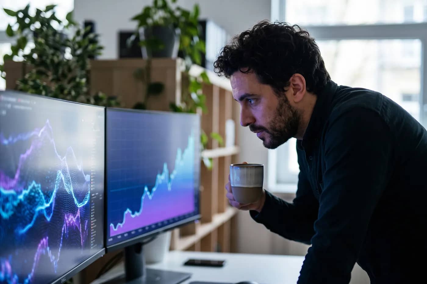Profissional acompanhando métricas de anúncios em dois monitores